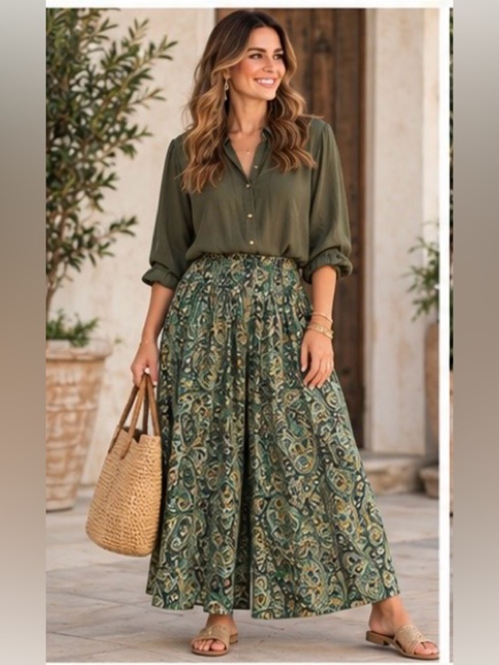 Rhea S/M Green Paisley Silk Blend Palazzo Pants Wide Leg Boho NWT